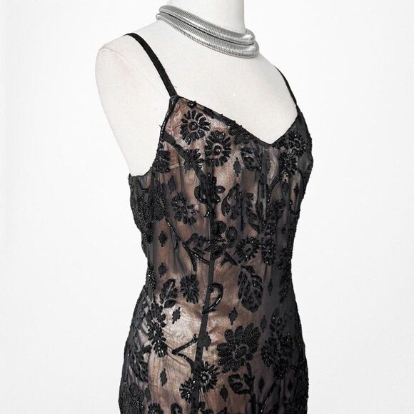 Vintage Brown Black Beaded Side Slit Bodycon Maxi Formal Prom Dress Size L - Picture 6 of 7